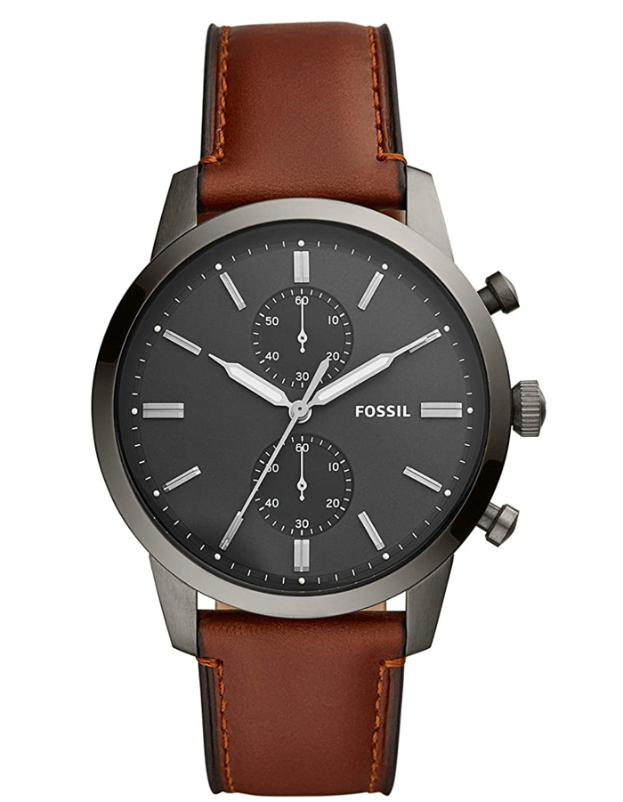 fossil watch on leather strap