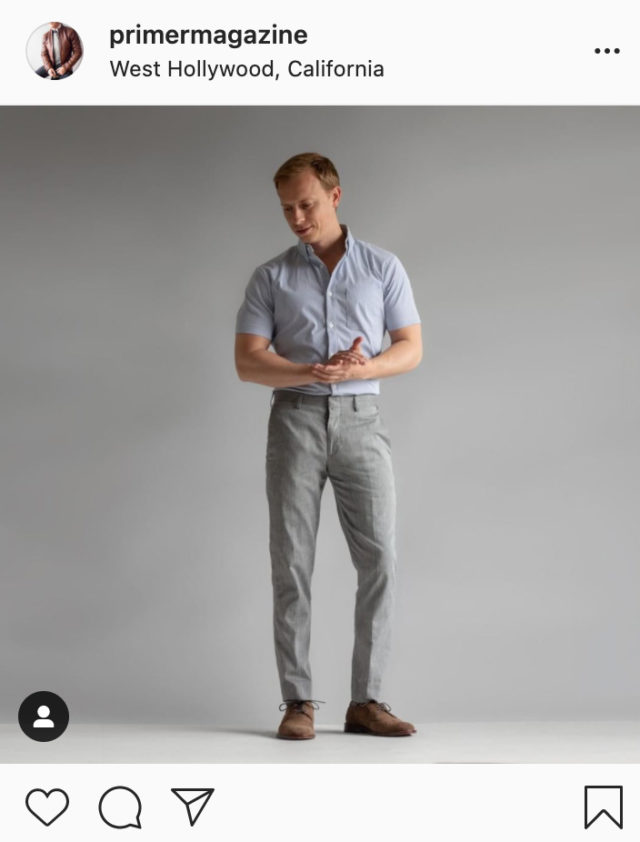 Primer on Instagram - Andrew Snavely wearing gray pants