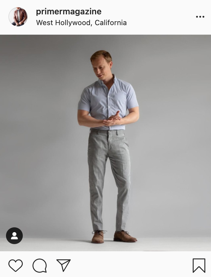Primer on Instagram - Andrew Snavely wearing gray pants with a regular rise