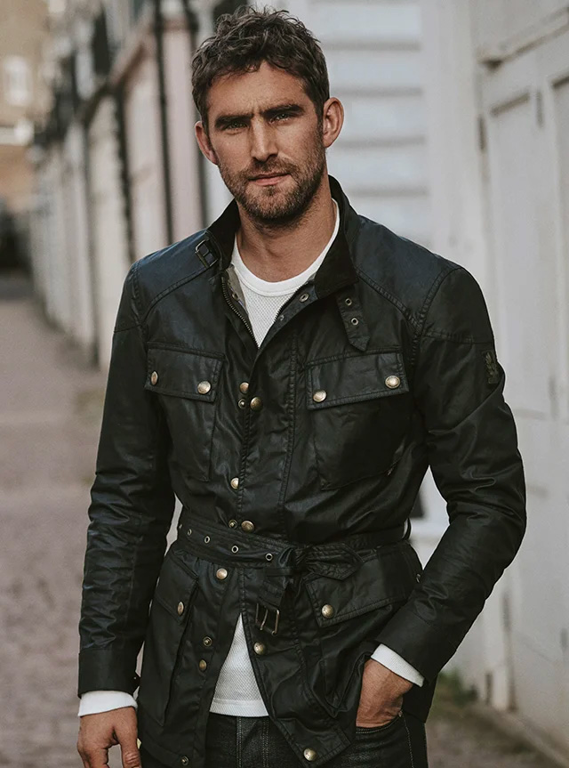 man wearing a Belstaff jacket over a shirt