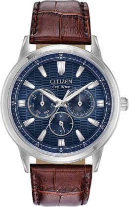 citizen stainless steel watch with brown leather strap