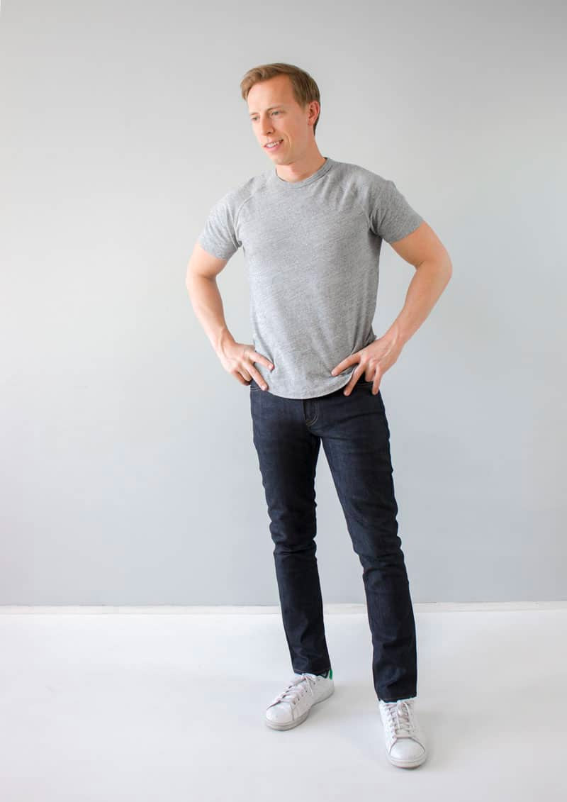a man wearing a shirt and slim fit denim pants from DSTLD