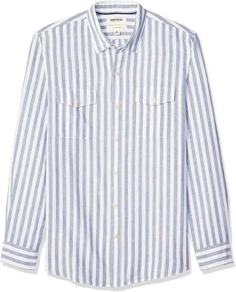 blue and white striped long sleeve button down shirt