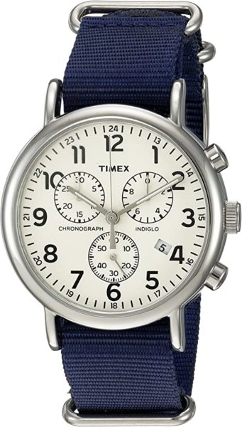 blue and silver timex weekender chrono canvas strap watch
