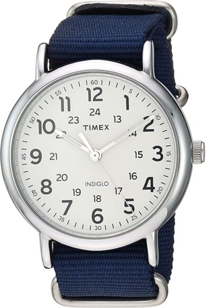 silver and blue timex weekender canvas strap watch
