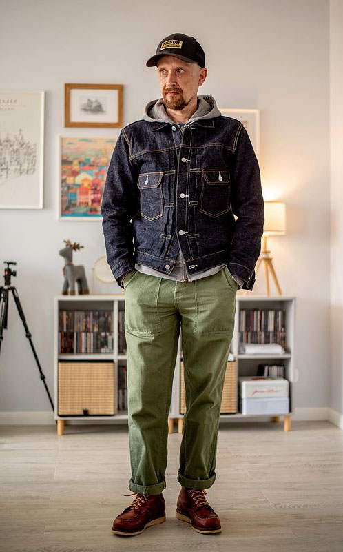 og107 pants with denim jacket and red wing boots