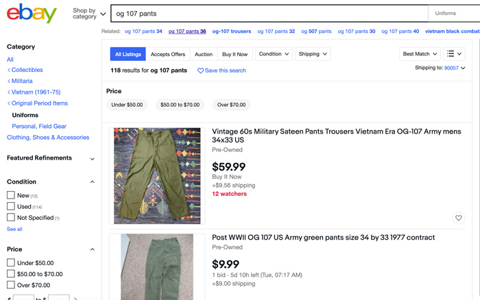 search listing of og 107 fatigue pants