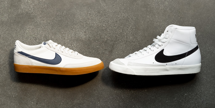 a nike killshot style leather and gum sole shoe and a nike blazer style leather high top shoe