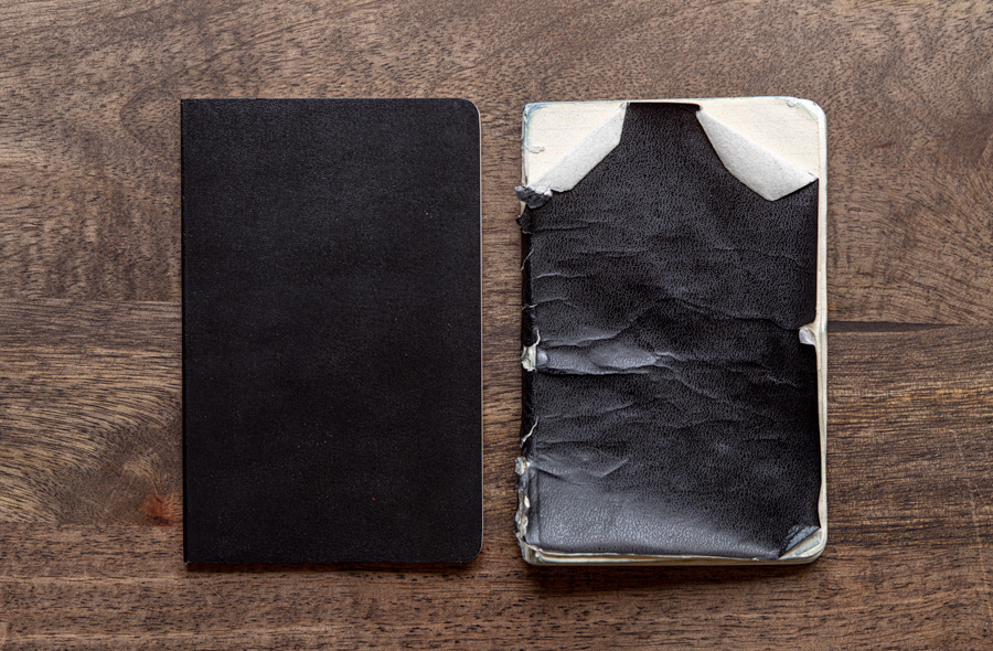 two leather notebooks cover notebooks with one notebook showing worn edges