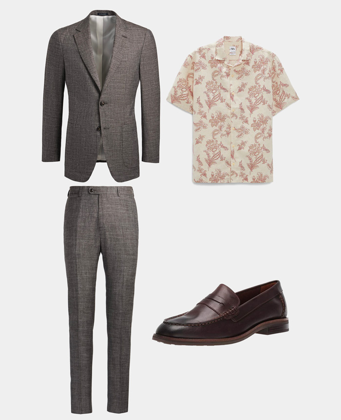 what to wear to a summer wedding: brown suit, floral shirt, loafers