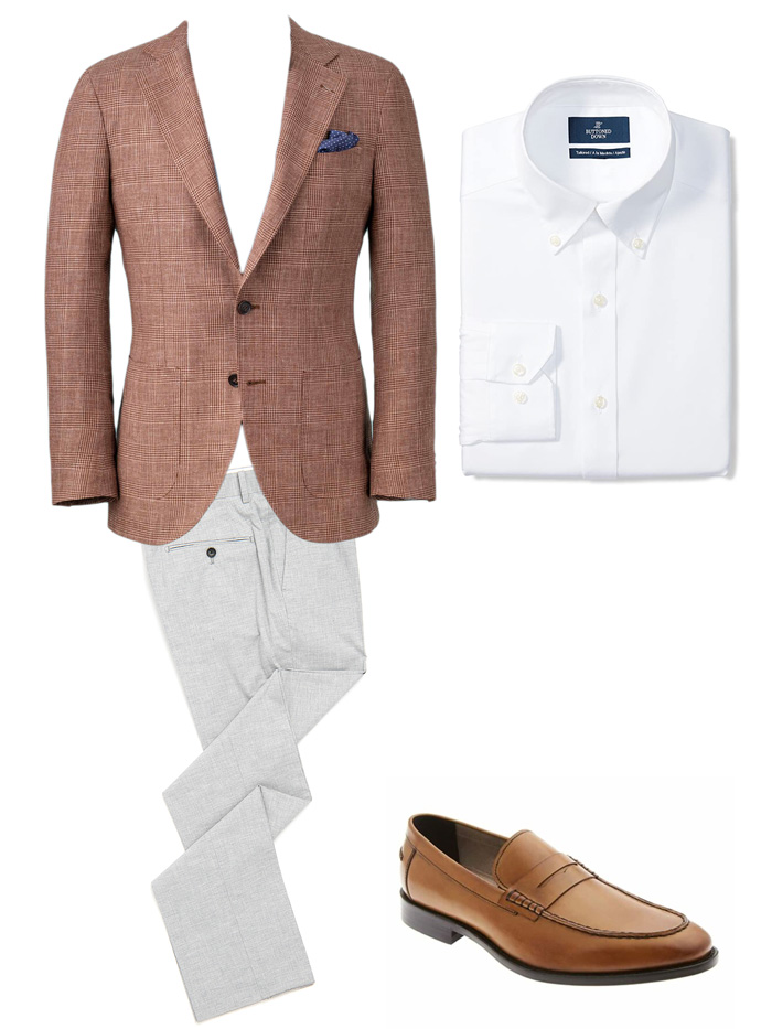 men's red blazer, white dress shirt, gray dress pants, and tan loafers