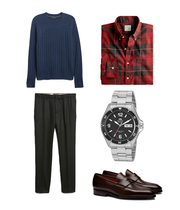 business casual outfit with sweater and plaid shirt