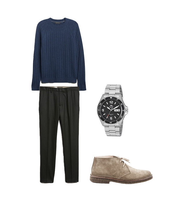 business casual outfit with blue sweater and wool pants