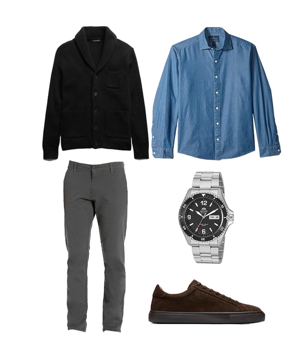 business casual outfit with denim shirt and brown sneakers