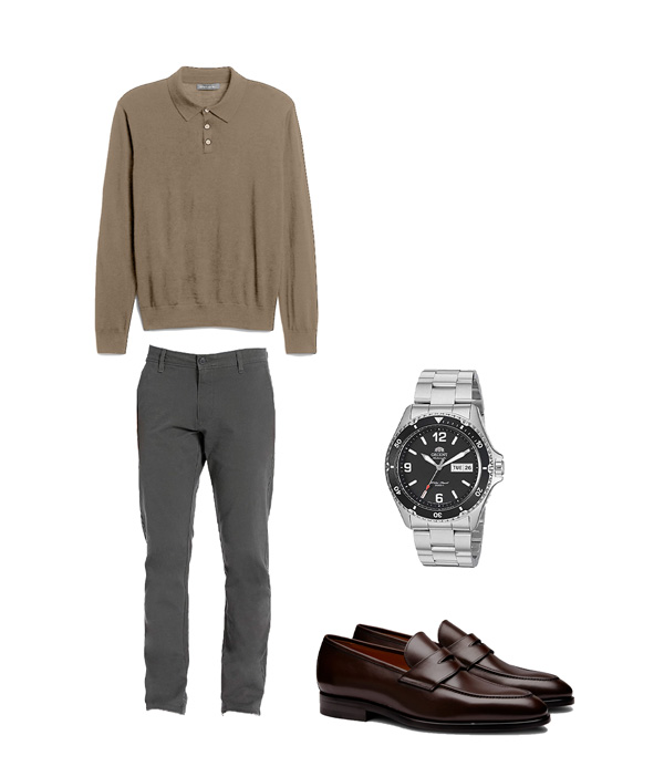 business casual outfit with knit polo, stretch chinos and loafers
