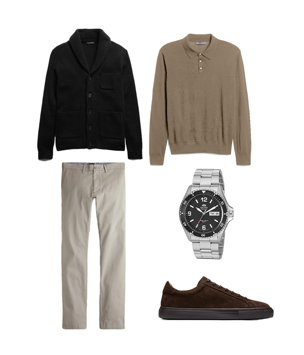 business casual outfit with sweater and knit polo