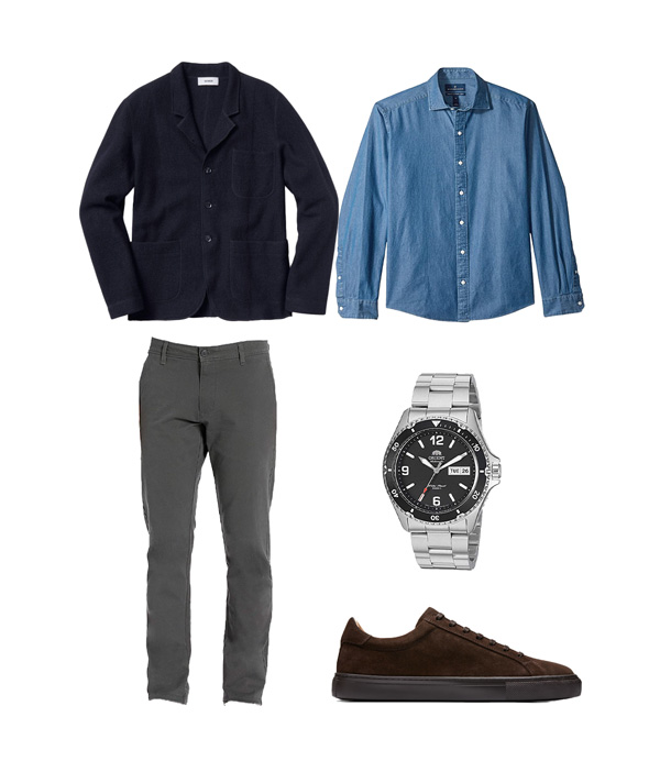business casual outfit with  blue denim shirt and stretch chinos