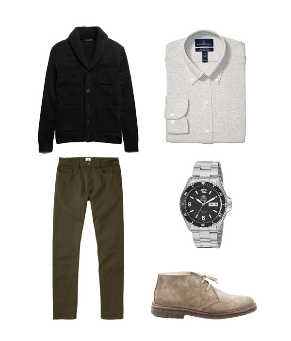 business casual outfit with shawl collar sweater and twill pants