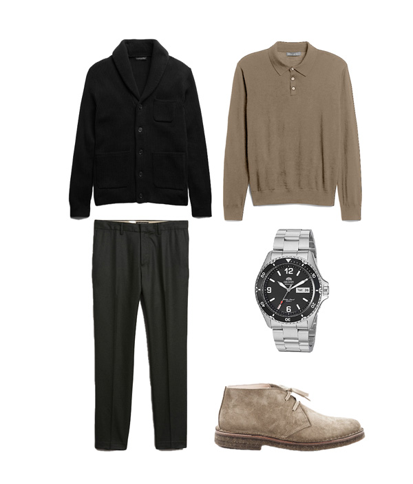 business casual outfit with knit polo and wool pants