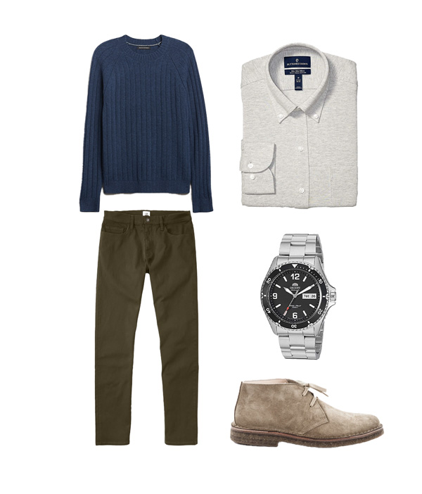 business casual outfit with crew sweater and knit button up