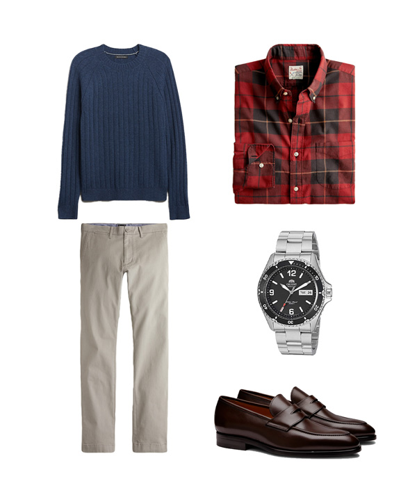business casual outfit with plaid shirt and blue sweater