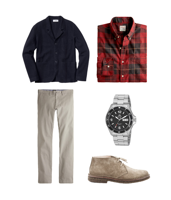 business casual outfit with plaid shirt and chinos