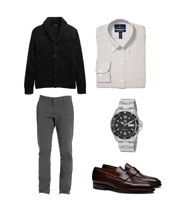 business casual outfit with knit shirt and stretch chinos