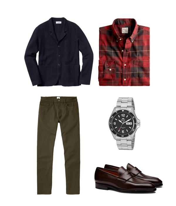 business casual outfit with wool chore coat and plaid shirt