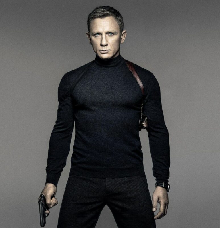 daniel craig james bond wearing a black mock neck sweater