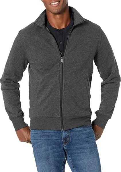grey full zip front long sleeve mock neck sweater jacket