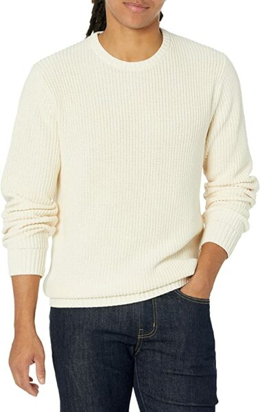 white long sleeve rib stitch crewneck sweater
