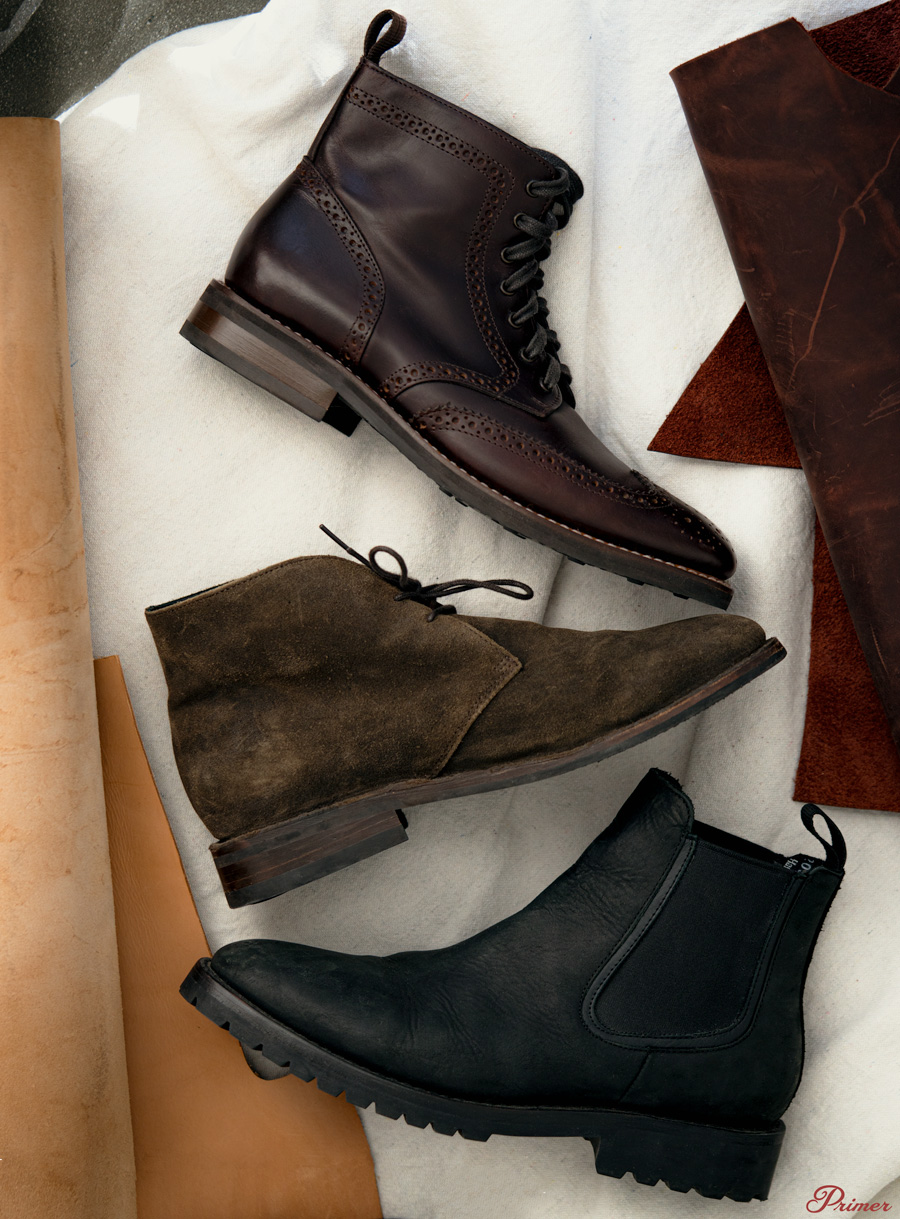 three pairs of boots made with different leathers