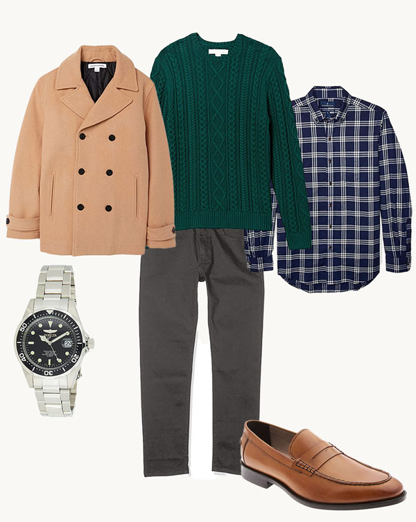 a selection of menswear items inlcuding a coat, sweater, long sleeve flannel shirt,  loafer shoe, and a wrist watch
