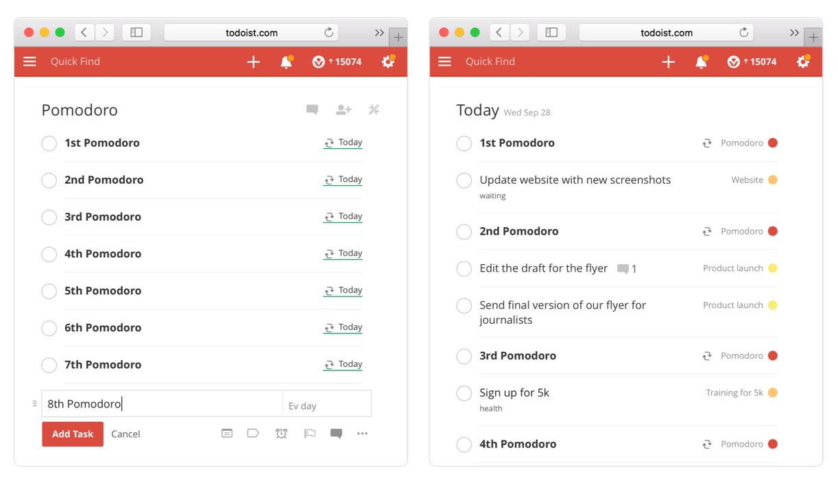 using todoist with the Pomodoro Technique