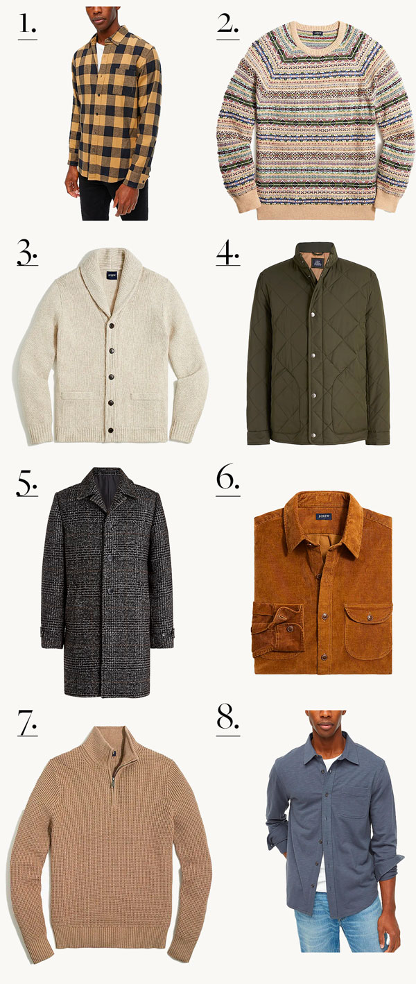 a visual list of eight menswear items including sweaters, jackets, and shirts