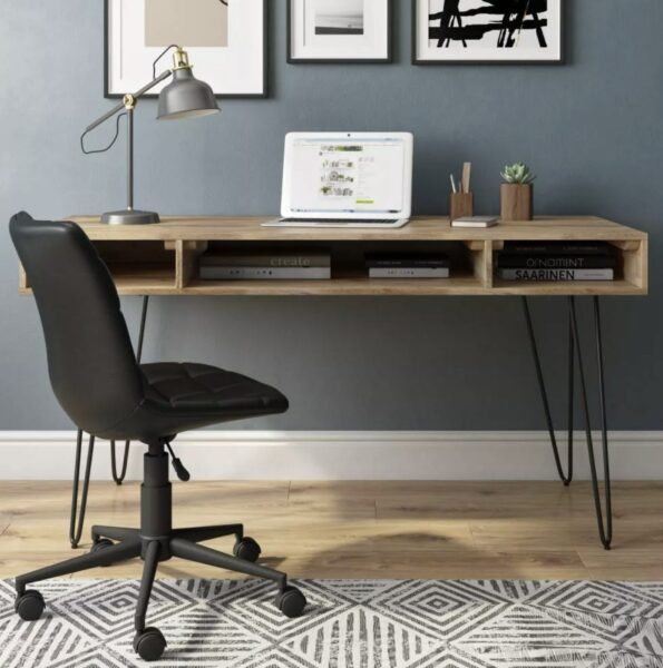 image of a wood home office desk and black office chair