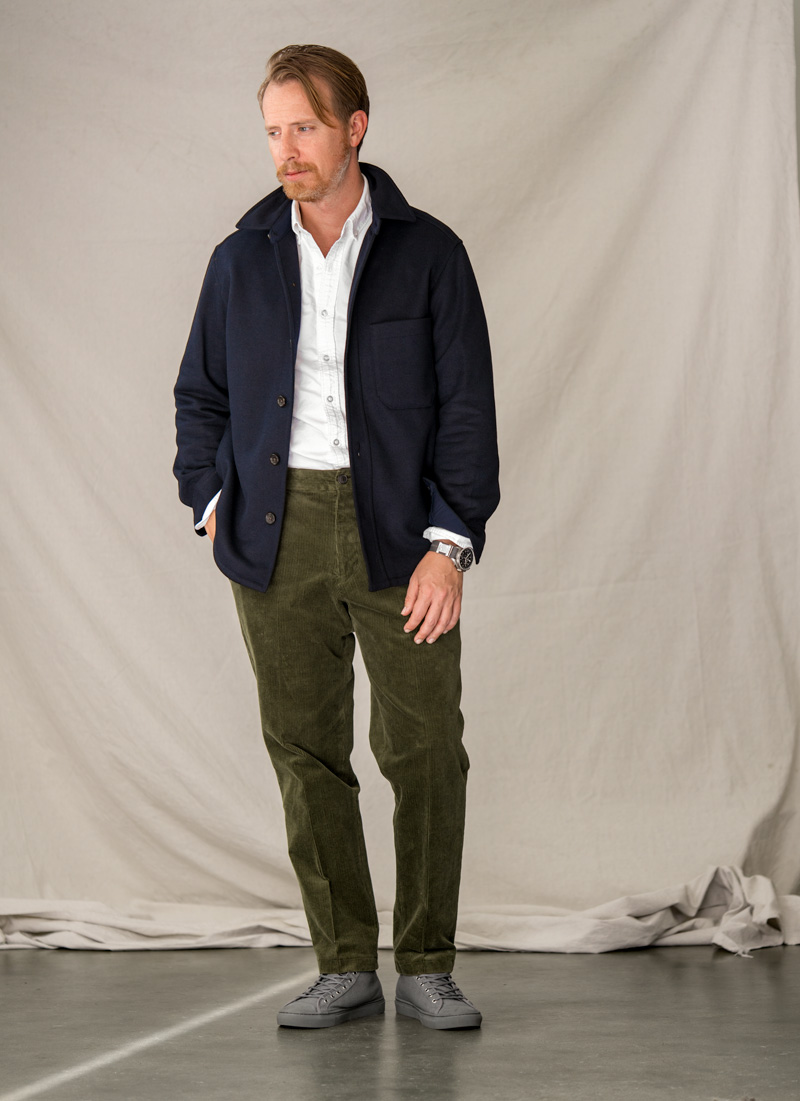 a man wearing a jacket, shirt, pants, and shoes outfit from Uniqlo