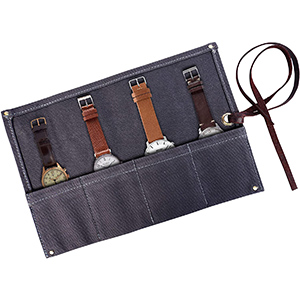 image of a canvas watch roll with watches in the pockets