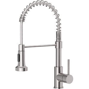 image of a nickel kitchen faucet with spray handle