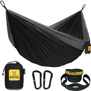 image of a black camping hammock