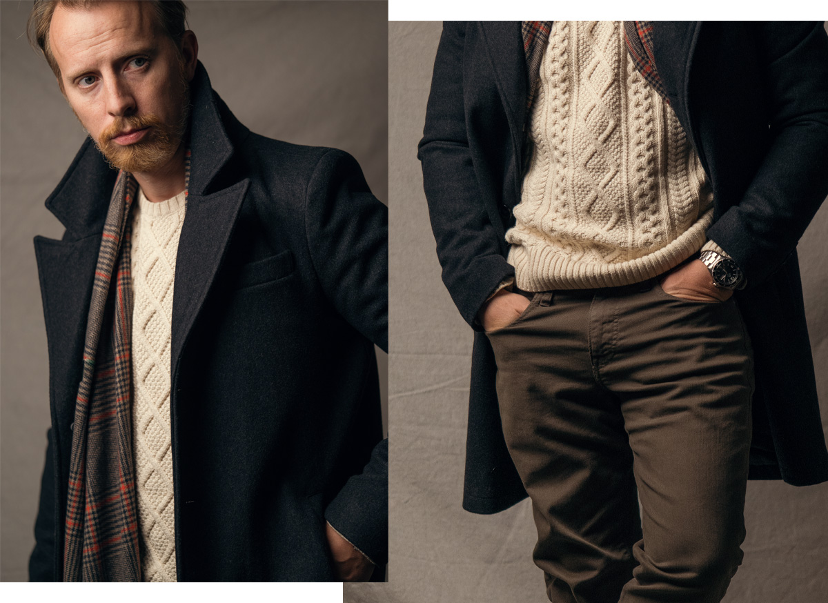 men's winter outfit with cable knit sweater
