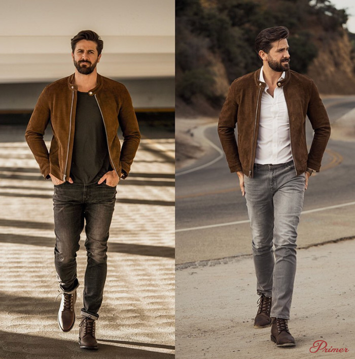 a side by side smart casual outfit example of a man wearing a moto style jacket with denim jeans and boots, with a crew neck shirt in one image and a button up oxford shirt in the other image