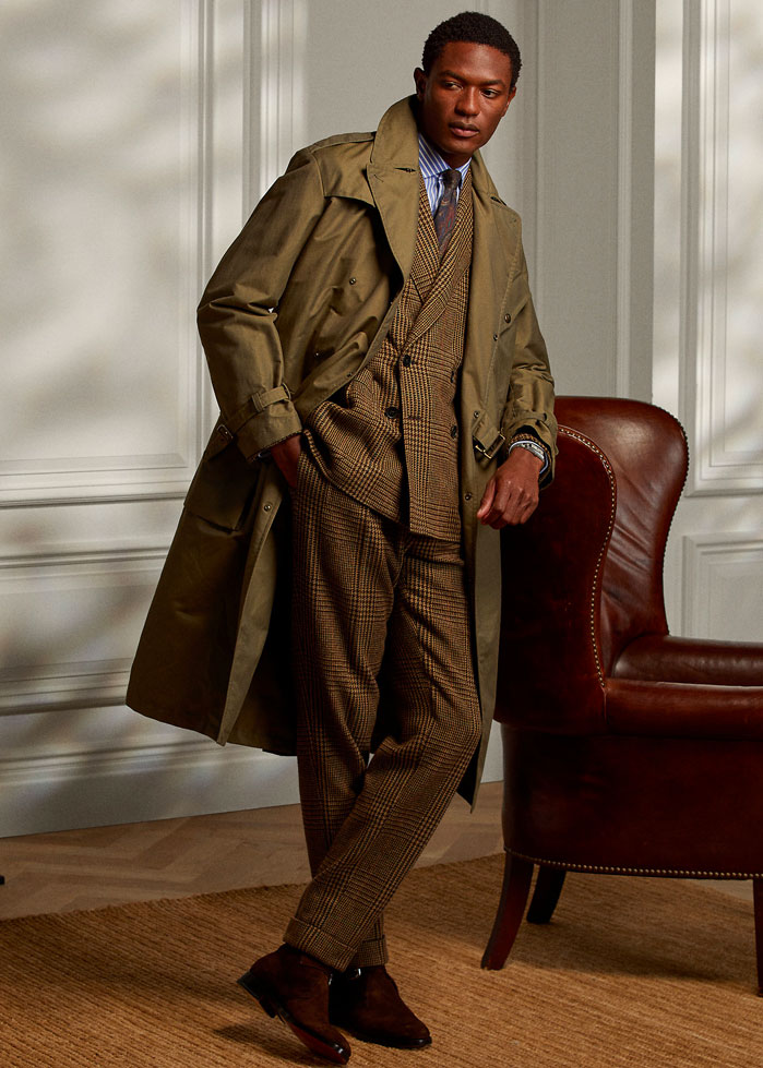 man in a suit wearing a Ralph Lauren trench coat