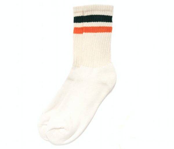 image of a white high top sock with blue and red stripes