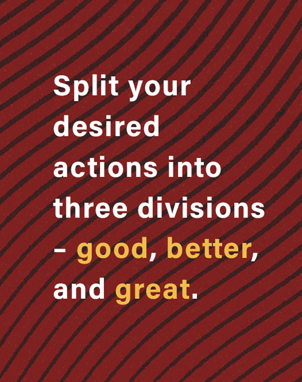  Split your desired actions into three divisions – good, better, and great.