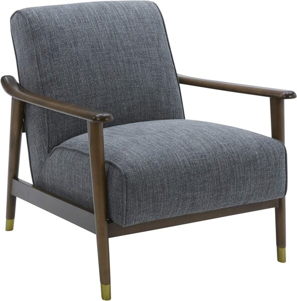 image of a mid century style grey chair with wood arm and frame