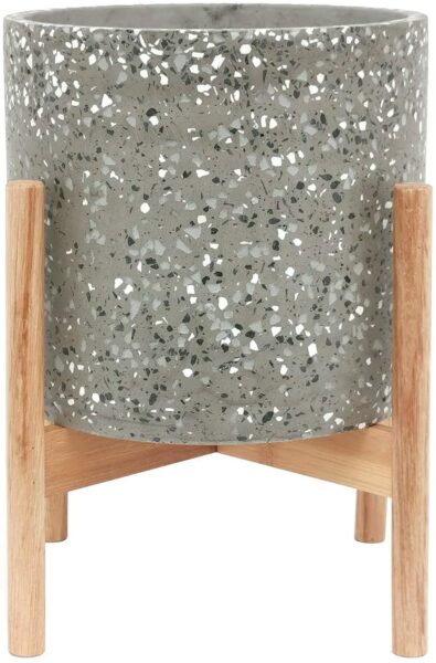 image of a gray terrazzo planter on a wood stand