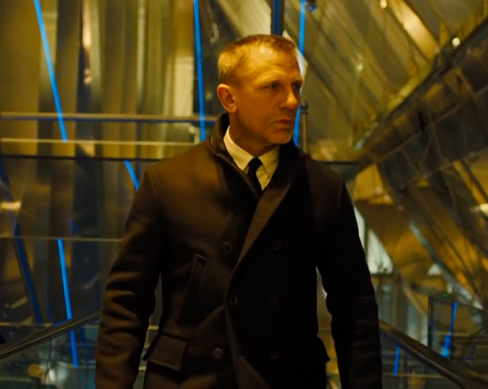 Daniel Craig in skyfall wearing pea coat by billy reid