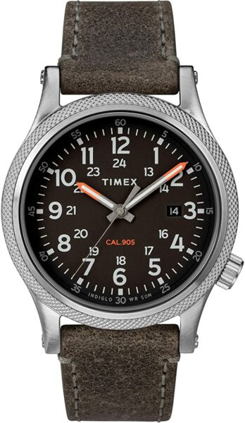 image of a timex watch with grey leather strap