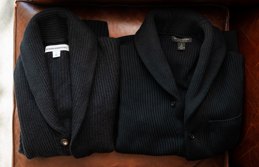 In Person:  Essentials Shawl Collar Cardigan Review + How Does It  Stack Up Against a $150 Banana Republic Option? · Primer